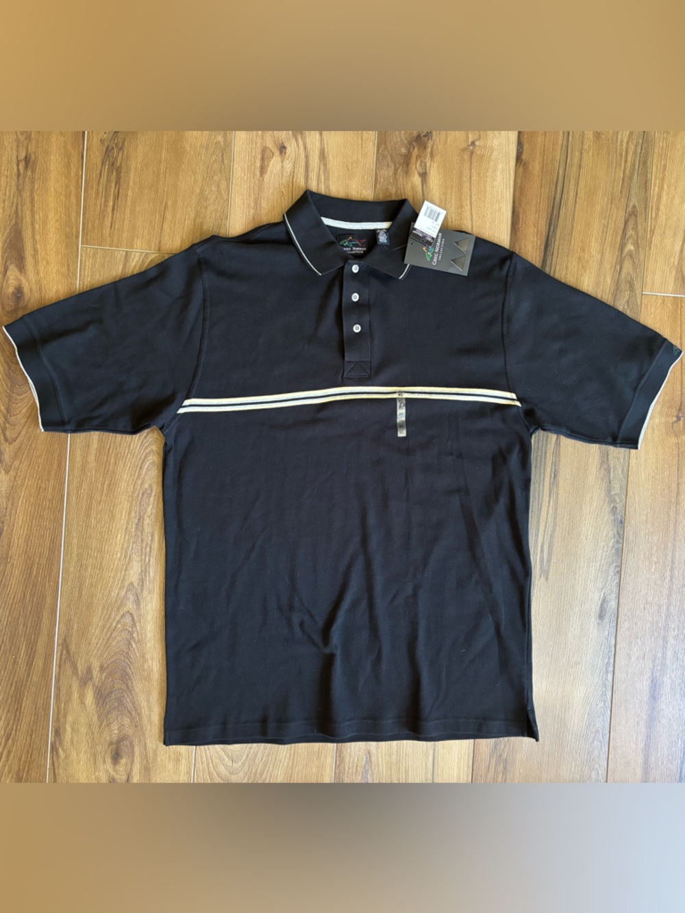 Greg Norman Collection Black Polo with Cream Chest Stripe